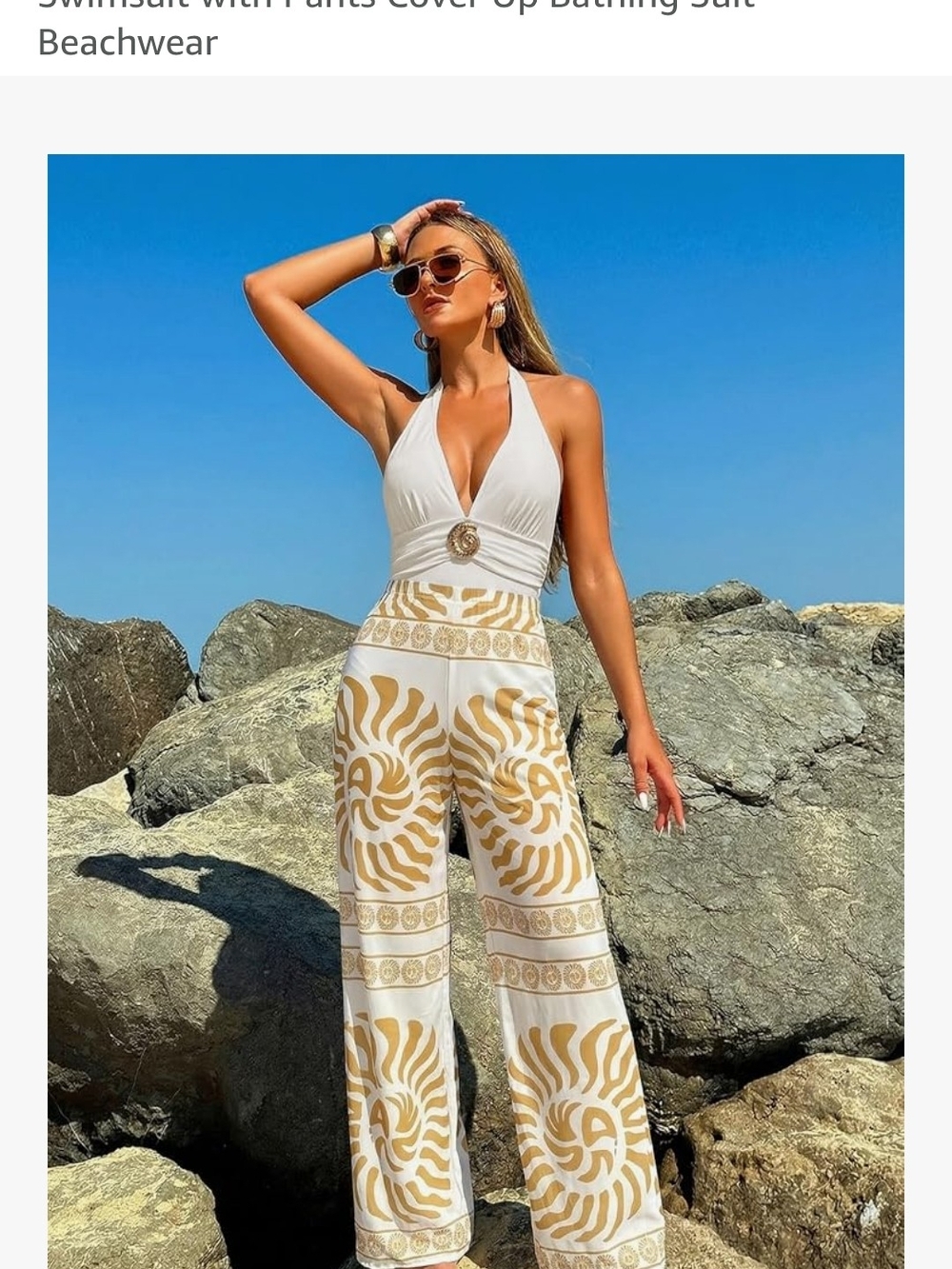 White Halter One-Piece Swimsuit with White & Tan Wide-Leg Printed Pants - Picture 2 of 9